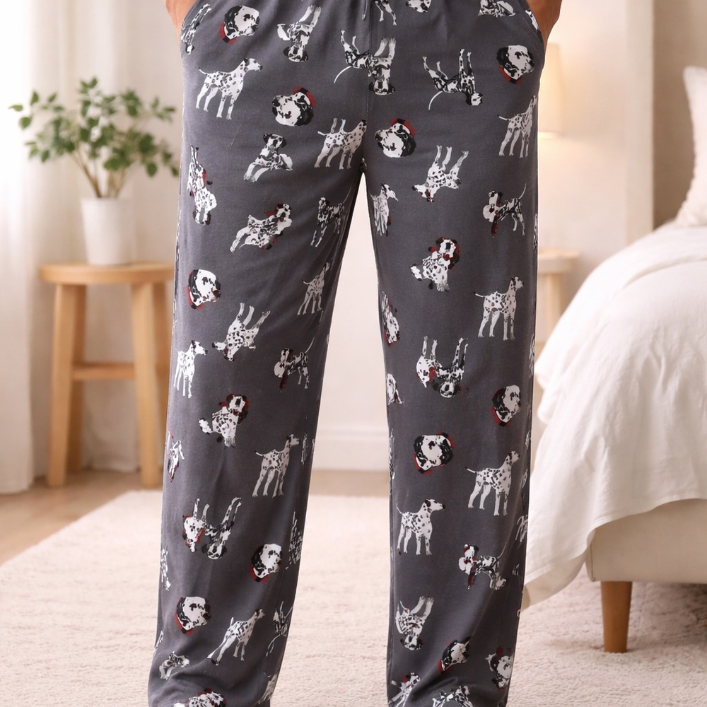 Grey Black White Red Collar Spotted Dog Dalmatian Print Pajama‎ Bottoms Large